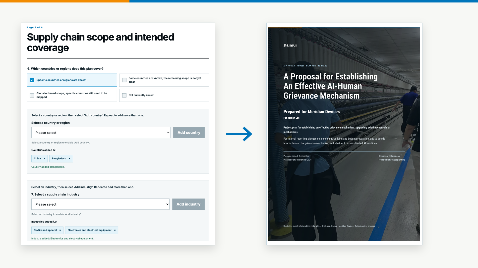 Daimui planning interface beside an example structured proposal