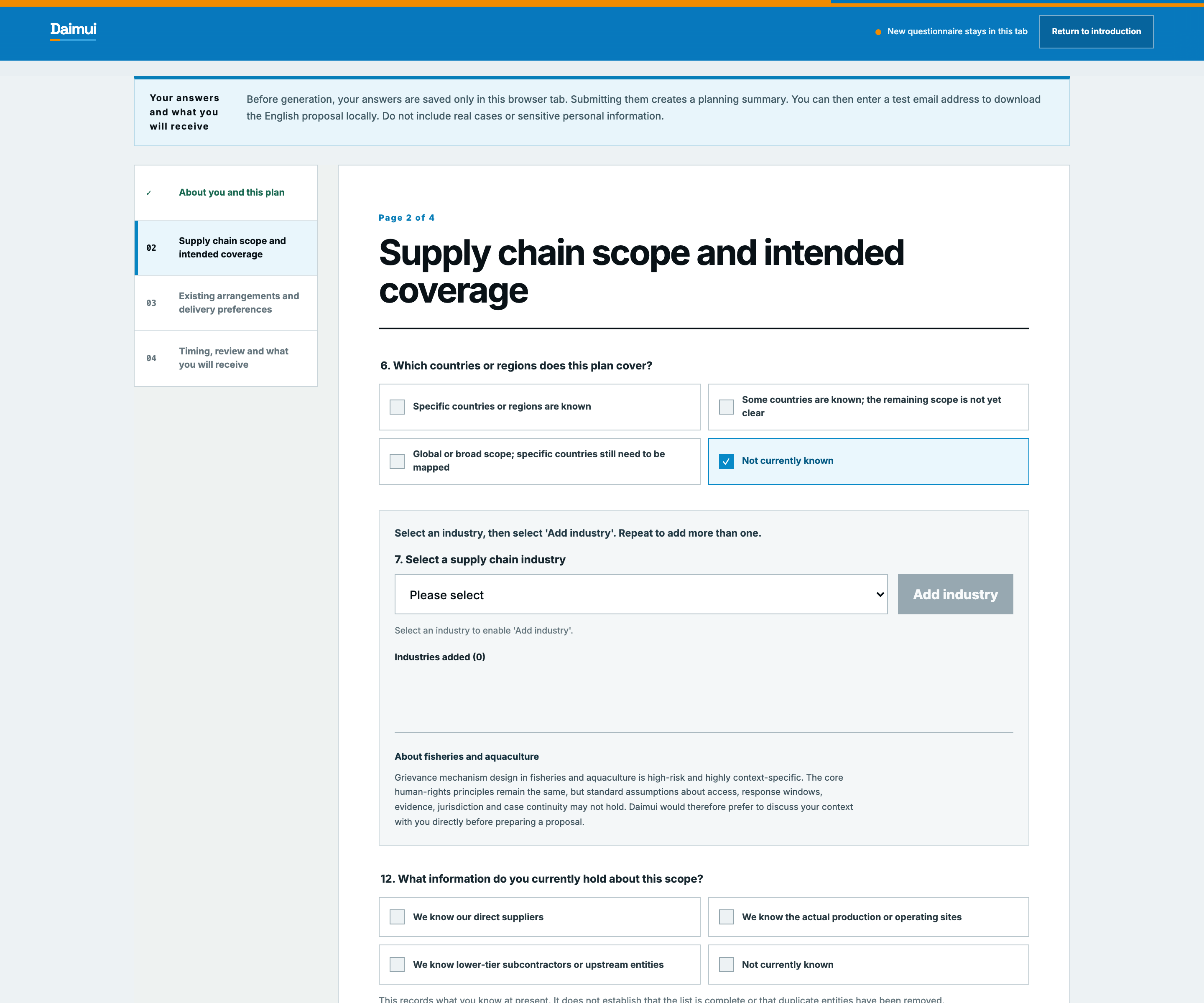 Daimui interface showing project profile selections used to shape a grievance-mechanism plan